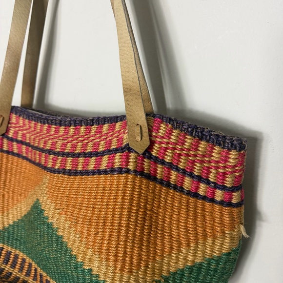 Vintage Straw Multicolor Woven Bag Leather Handle Purse - Picture 2 of 9